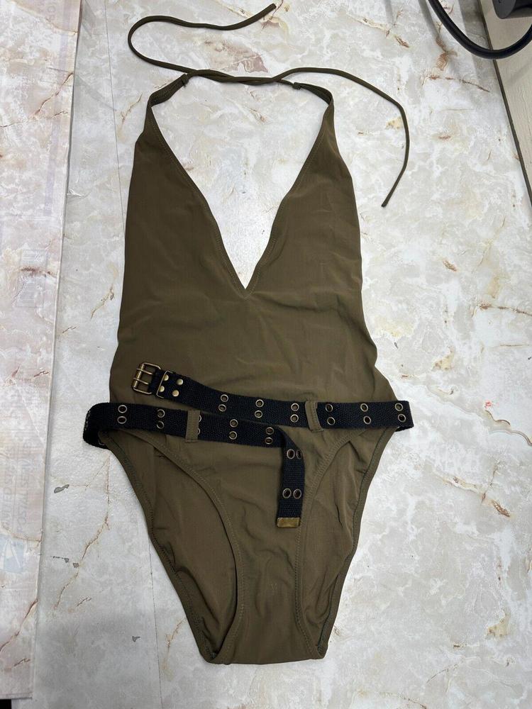 Olive Green Deep V One-Piece Swimsuit with Belt